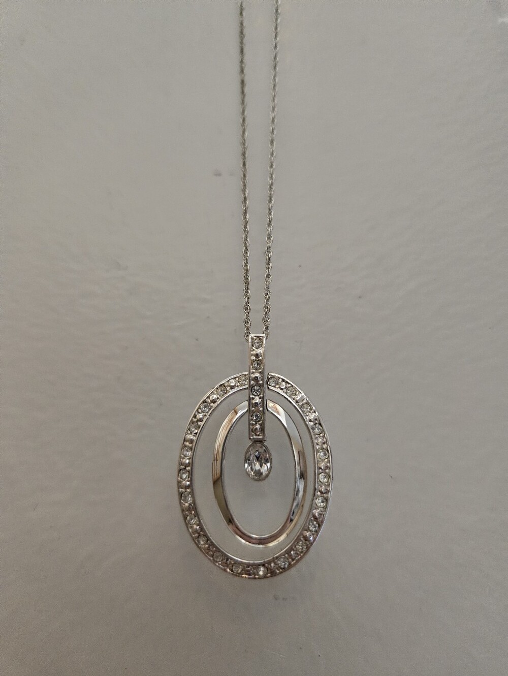 Sterling Silver Oval Pendant Necklace with Clear Crystals